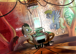 Size: 1500x1060 | Tagged: safe, artist:mister-saugrenu, derpy hooves, doctor whooves, time turner, earth pony, pegasus, pony, doctor whooves and assistant, angry, crossover, doctor who, doctor whooves is not amused, female, male, mare, stallion, tardis, tardis console room, tardis control room, tenth doctor, the doctor