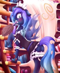 Size: 3000x3631 | Tagged: safe, artist:pshyzomancer, oc, oc only, oc:troubled heart, changeling, blushing, book, butt, changeling oc, clothes, duster, embarrassed, female, fishnet stockings, floppy ears, high res, ladder, library, looking at you, looking back, looking back at you, maid, maid headdress, mare, mouth hold, plot, raised hoof, solo