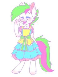 Size: 384x512 | Tagged: source needed, safe, artist:spindlespice, oc, oc only, oc:neon streak, pony, bow, clothes, crossdressing, cute, dress, femboy, laughing, male