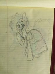 Size: 384x512 | Tagged: safe, artist:spindlespice, oc, oc only, oc:neon streak, pony, clothes, crossdressing, dress, femboy, lined paper, male, solo, traditional art
