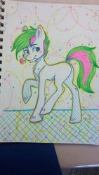 Size: 288x512 | Tagged: safe, artist:spindlespice, oc, oc only, oc:neon streak, pony, femboy, flower, flower in mouth, male, mouth hold, solo, traditional art