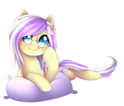Size: 2576x2216 | Tagged: safe, artist:scarlet-spectrum, oc, oc only, oc:azalea floria, pony, flower, flower in hair, glasses, high res, pillow, simple background, solo, transparent background
