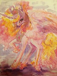 Size: 1024x1365 | Tagged: safe, artist:cityofdreams, daybreaker, alicorn, pony, a royal problem, g4, female, jewelry, looking at you, raised hoof, regalia, smiling, solo, traditional art