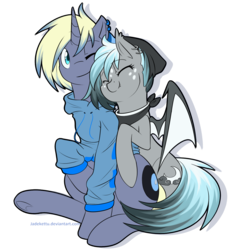 Size: 1200x1300 | Tagged: safe, artist:jadekettu, oc, oc only, oc:record sweep, oc:stormy nights, bat pony, pony, unicorn, beanie, clothes, duo, ear piercing, hat, jacket, piercing, simple background, transparent background