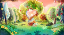 Size: 1417x783 | Tagged: safe, artist:loveless-nights, pony, the perfect pear, apple, apple tree, background, food, intertwined trees, no pony, pear, pear tree, scenery, tree
