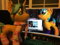 Size: 4032x3024 | Tagged: safe, artist:lumenglace, snails, pony, g4, clothes, cute, glitter shell, inception, irl, photo, plushie, plushieception, scarf, snals, socks, striped socks, stripes