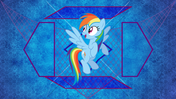 Size: 2560x1440 | Tagged: safe, artist:kysss90, artist:laszlvfx, edit, rainbow dash, pony, g4, abstract background, female, flying, solo, wallpaper, wallpaper edit