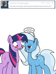 Size: 600x800 | Tagged: safe, artist:dekomaru, trixie, twilight sparkle, pony, unicorn, tumblr:ask twixie, g4, ask, bedroom eyes, blushing, female, lesbian, mare, ship:twixie, shipping, tumblr