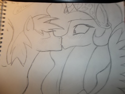 Size: 4288x3216 | Tagged: safe, artist:castlemaid, princess celestia, oc, oc:frost streak, pony, g4, all new levels of tia neck, canon x oc, impossibly long neck, kissing, long neck, spread wings, surprise kiss, traditional art, wingboner, wings