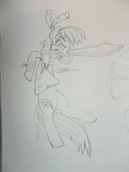 Size: 1024x1365 | Tagged: safe, artist:castlemaid, idw, rainbow dash, pony, g4, spoiler:comic, spoiler:comic13, comic, pirate, saber, scimitar, sketch, traditional art, weapon