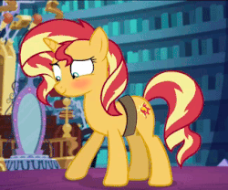 Size: 325x270 | Tagged: safe, edit, edited screencap, screencap, sunset shimmer, pony, unicorn, equestria girls, equestria girls specials, g4, mirror magic, animated, blushing, cute, female, gif, pawing the ground, shimmerbetes, solo