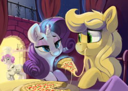 Size: 4219x3000 | Tagged: safe, artist:dimfann, applejack, rarity, earth pony, pony, unicorn, g4, chef, chef's hat, eating, female, food, hat, high res, lesbian, levitation, lidded eyes, looking at each other, magic, night, pizza, ship:rarijack, shipping, smiling, stars, telekinesis, that's amore