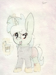 Size: 683x905 | Tagged: safe, artist:slightlyshade, lyra heartstrings, pony, g4, clothes, cup, drink, female, hoodie, magic, oat smoothie, smoothie, solo, straw, telekinesis