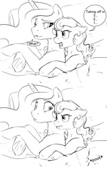 Size: 3296x5272 | Tagged: safe, artist:silfoe, princess celestia, oc, oc:skip tracer, pony, royal sketchbook, g4, bed, canon x oc, cuddling, fart, fart noise, female, grayscale, lesbian, monochrome, onomatopoeia, sound effects, spooning