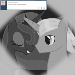 Size: 1024x1024 | Tagged: safe, artist:hakunohamikage, princess luna, oc, pony, unicorn, ask-princesssparkle, g4, ask, canon x oc, female, flashback, male, monochrome, stallion, straight, tumblr