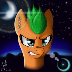 Size: 2000x2000 | Tagged: safe, artist:qbellas, oc, oc only, pony, female, frown, high res, lens flare, moon, solo