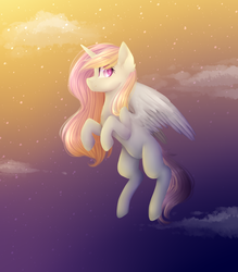 Size: 3000x3426 | Tagged: safe, artist:shiromidorii, oc, oc only, oc:lily, alicorn, pony, female, flying, high res, mare, solo, twilight (astronomy)