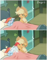 Size: 1420x1830 | Tagged: safe, artist:irenla, applejack, rainbow dash, earth pony, pony, g4, applejerk, bed, bedsheets, bucket, comic, cowboy hat, female, hat, lesbian, mare, pillow, ship:appledash, shipping, stetson, waking up, water