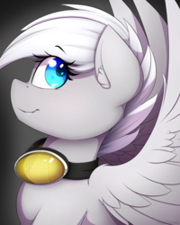 Size: 1200x1500 | Tagged: safe, artist:thebatfang, oc, oc only, oc:winter storm, pegasus, pony, ear fluff, female, goggles, looking back, simple background, smiling, solo, wings