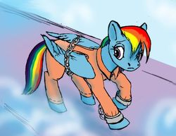 Size: 800x617 | Tagged: safe, artist:tielgar, rainbow dash, pony, g4, bound wings, chains, clothes, cuffs, female, prison outfit, prisoner, prisoner rd, shackles, solo