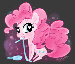 Size: 3500x3000 | Tagged: safe, artist:dressella, pinkie pie, earth pony, pony, g4, biting, cutie mark, female, heart eyes, high res, looking at you, mane, ribbon, sitting, smiling, solo, tail, wingding eyes