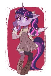 Size: 687x1023 | Tagged: safe, artist:yam, twilight sparkle, alicorn, semi-anthro, g4, adorkable, alternate hairstyle, bipedal, boots, clothes, cute, dork, dress, glasses, hooves, pantyhose, pigtails, shoes, twiabetes, twilight sparkle (alicorn)