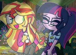 Size: 1378x999 | Tagged: safe, artist:psychodiamondstar, sci-twi, sunset shimmer, twilight sparkle, equestria girls, g4, my little pony equestria girls: legend of everfree, camp everfree outfits, clothes, glasses, open mouth, shorts