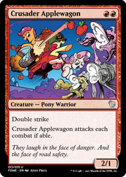 Size: 375x523 | Tagged: safe, idw, apple bloom, scootaloo, sweetie belle, pony, umbrum, g4, siege of the crystal empire, spoiler:comic37, apple, cutie mark crusaders, food, magic the gathering, trading card, trading card edit, wagon