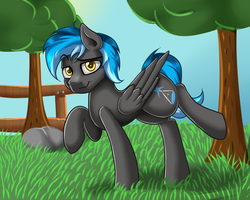 Size: 1500x1200 | Tagged: safe, artist:blues4th, oc, oc only, oc:kepler, pegasus, pony, pony town, bedroom eyes, male, outdoors, solo, stallion, standing, tree, wings