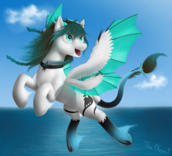 Size: 1100x1000 | Tagged: safe, artist:the1xeno1, oc, oc only, pony, flying, ocean, open mouth, solo