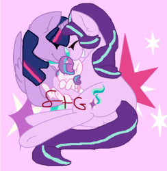 Size: 656x673 | Tagged: safe, artist:sonicandgroot, princess flurry heart, starlight glimmer, twilight sparkle, pony, g4, babysitting, cuddling, cutie mark background, eyes closed, female, hug, lesbian, ship:twistarlight, shipping, watermark