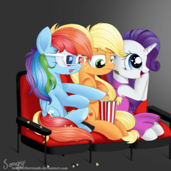 Size: 2000x2000 | Tagged: safe, artist:songbirdserenade, applejack, rainbow dash, rarity, earth pony, pegasus, pony, unicorn, g4, 3d glasses, cinema, clothes, dress, female, food, high res, mare, popcorn, straw