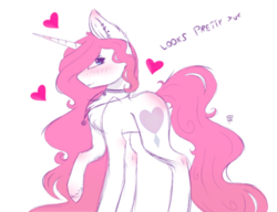 Size: 399x306 | Tagged: safe, artist:doux-ameri, oc, oc only, oc:button love, pony, unicorn, female, heart, mare, simple background, solo, white background