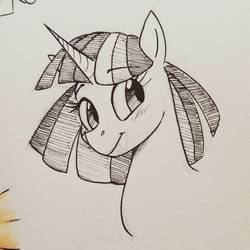 Size: 1788x1788 | Tagged: safe, artist:eeviart, twilight sparkle, pony, g4, alternate hairstyle, bust, female, monochrome, portrait, solo, traditional art
