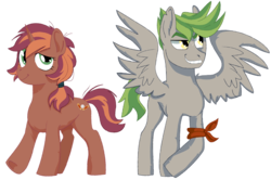 Size: 800x531 | Tagged: safe, artist:dbkit, oc, oc only, oc:pinball, oc:ricochet, pony, fallout equestria, bandana, duo, female, hairband, male, offspring, parent:oc:calamity, parent:oc:littlepip, ship:piplamity, simple background, straight, transparent background