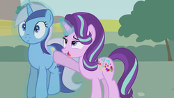Size: 1280x720 | Tagged: safe, artist:forgalorga, minuette, starlight glimmer, pony, unicorn, starlight wants your cutie mark, g4, :<, ahegao, applejack's cutie mark, butt touch, cutie mark, duo, female, hoof on butt, magic, mare, multiple cutie marks, open mouth, stolen cutie marks, tongue out