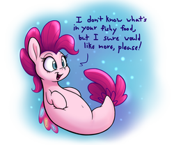 Size: 1800x1500 | Tagged: safe, artist:bellspurgebells, pinkie pie, earth pony, seapony (g4), g4, my little pony: the movie, belly, bubble, chubby, dorsal fin, female, fin, fish tail, flowing mane, flowing tail, mare, ocean, open mouth, open smile, seaponified, seapony pinkie pie, smiling, solo, species swap, squishy, swimming, tail, that pony sure does love being a seapony, thick, underwater, water