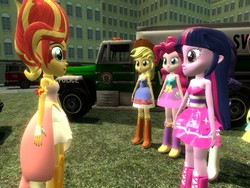 Size: 1024x768 | Tagged: safe, artist:sonic5421, applejack, fluttershy, pinkie pie, rarity, sunset shimmer, twilight sparkle, equestria girls, g4, 3d, bare shoulders, daydream shimmer, fall formal outfits, fire engine, gmod, grand theft auto vice city, police, sleeveless, strapless, twilight ball dress, twilight sparkle (alicorn)