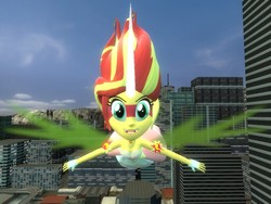 Size: 1024x768 | Tagged: safe, artist:sonic5421, sunset shimmer, equestria girls, g4, 3d, building, city, daydream shimmer, flying, gmod, happy