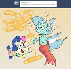 Size: 2100x2040 | Tagged: safe, artist:docwario, bon bon, lyra heartstrings, sweetie drops, fish, pony, sea pony, unicorn, g4, amused, ask, askblankbon, bon bon is amused, bubble, clothes, costume, dialogue, female, fishified, flounder (the little mermaid), high res, holding breath, lesbian, lyra is not amused, lyriel, seaponified, seapony lyra, ship:lyrabon, shipping, simple background, species swap, speech bubble, the little mermaid, transformation, tumblr, underwater, yellow background