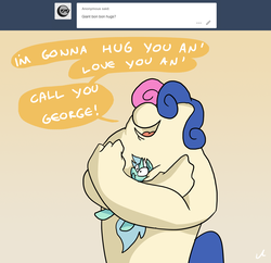 Size: 2100x2036 | Tagged: safe, artist:docwario, bon bon, lyra heartstrings, sweetie drops, pony, unicorn, g4, abominable snowman, and call him george, ask, askblankbon, dialogue, female, high res, hug, lesbian, looney tunes, lyra is not amused, ship:lyrabon, shipping, simple background, smothering, speech bubble, transformation, tumblr, yellow background
