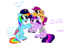 Size: 1024x640 | Tagged: safe, artist:doodletheexpoodle, rainbow dash, scootaloo, twilight sparkle, alicorn, pony, g4, arrested, bound wings, cuffs, horn, horn ring, magic suppression, shackles, sunglasses, twilight sparkle (alicorn)