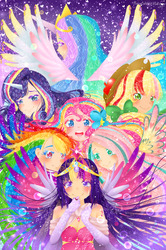 Size: 3150x4746 | Tagged: safe, artist:monicherrie, applejack, fluttershy, pinkie pie, princess celestia, rainbow dash, rarity, twilight sparkle, alicorn, human, g4, action poster, alicorn humanization, color porn, colored pupils, crying, female, happy, horn, horned humanization, humanized, looking at you, mane six, rainbow power, rainbow power-ified, spread wings, tears of joy, twilight sparkle (alicorn), wingding eyes, winged humanization, wings