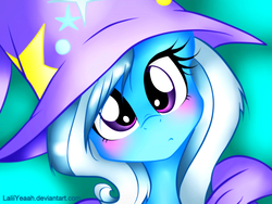 Size: 4896x3672 | Tagged: safe, artist:laliiyeaah, trixie, pony, unicorn, g4, :<, blushing, bust, clothes, cute, diatrixes, female, frown, hat, head tilt, looking at you, mare, nose wrinkle, portrait, simple background, solo, trixie's hat