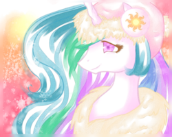 Size: 1280x1024 | Tagged: dead source, safe, artist:moonlightprincess002, princess celestia, alicorn, pony, g4, bust, clothes, colored pupils, earmuffs, female, hat, mare, portrait, smiling, solo, traditional art