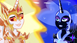 Size: 1334x750 | Tagged: safe, artist:yaycelestia0331, daybreaker, nightmare moon, a royal problem, equestria girls, g4, armor, beautiful, equestria girls-ified