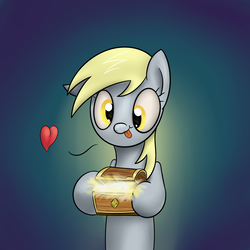 Size: 2500x2500 | Tagged: safe, artist:marmorexx, derpy hooves, pegasus, pony, g4, bipedal, female, glowing, gradient background, heart, high res, hoof hold, mare, solo, tongue out, treasure chest