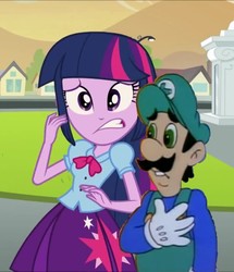 Size: 620x720 | Tagged: safe, artist:mariopiequevedod, edit, edited screencap, screencap, twilight sparkle, equestria girls, g4, rainbow rocks, 1000 hours in ms paint, crack shipping, crossover, crossover shipping, luigi, luitwi, male, shipping, the adventures of super mario bros. 3, the super mario bros super show