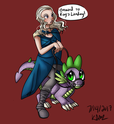Size: 1800x1944 | Tagged: safe, artist:lamentedmusings, spike, dragon, g4, bit, bridle, crossover, daenerys targaryen, game of thrones, harsher in hindsight, humans riding dragons, reins, riding, signature, simple background, speech bubble, tack