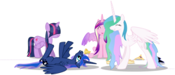 Size: 1320x571 | Tagged: safe, artist:byteslice, princess cadance, princess celestia, princess luna, twilight sparkle, alicorn, pony, g4, .svg available, bangs, female, folded wings, hair over eyes, hilarious in hindsight, horn, lol, simple background, spread wings, svg, transparent background, twilight sparkle (alicorn), vector, wet, wet mane, wet mane twilight sparkle, wings, wings down